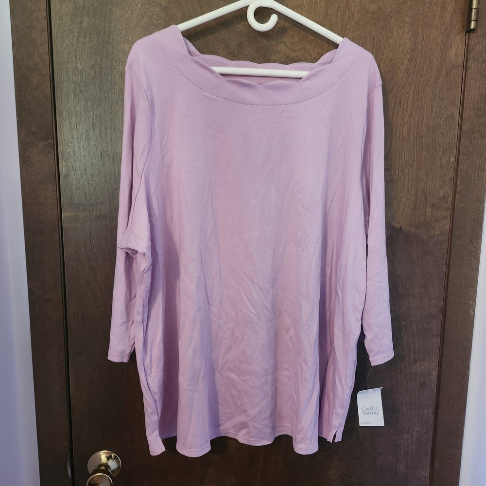 Croft & Barrow 3X Women's Plus Pink 3/4 Sleeve Scalloped Neck Cotton Top NWT